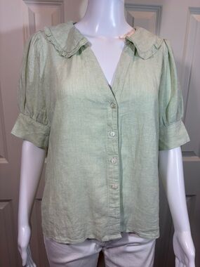 Madewell Light Sage Button-Front Linen Blouse with Ruffle Collar